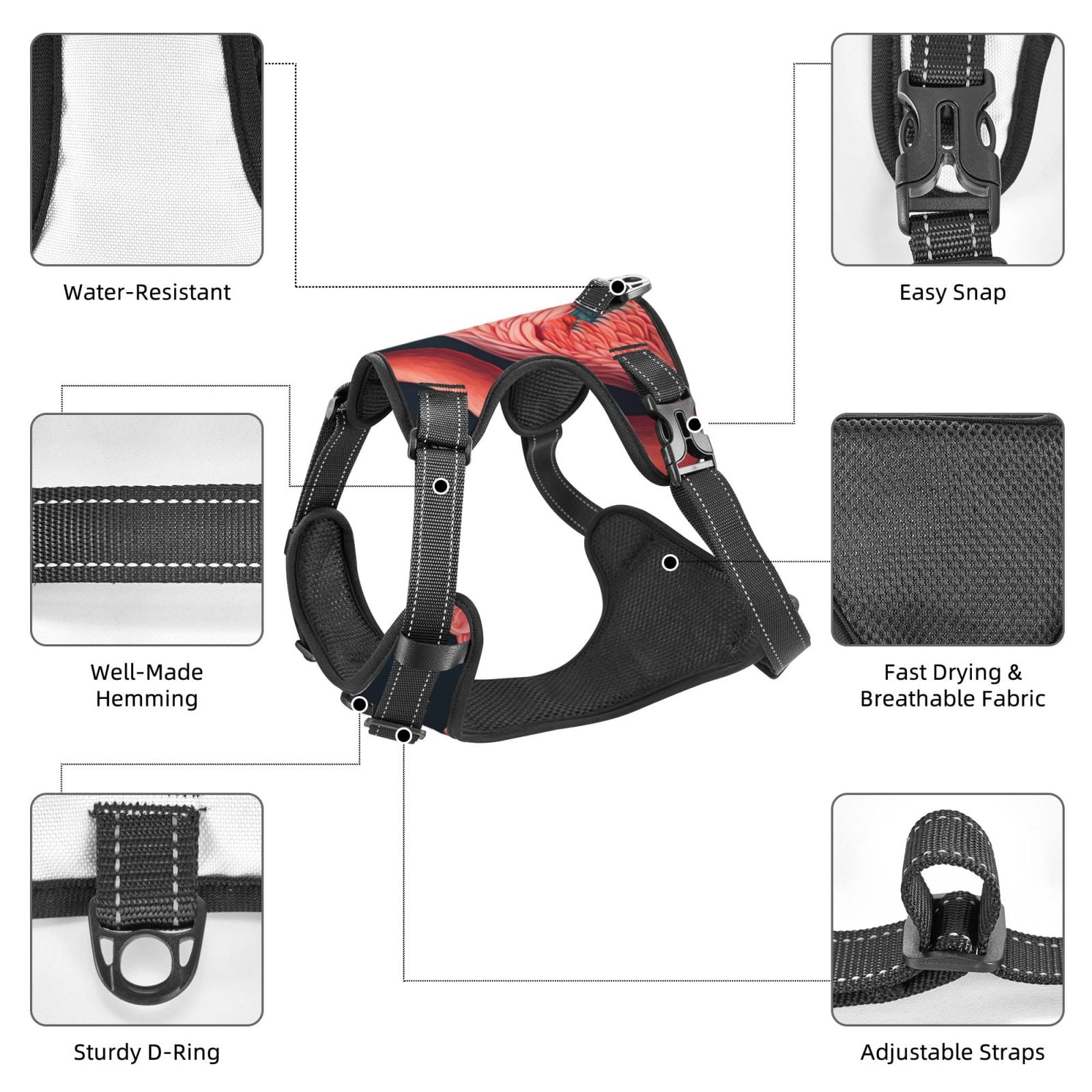 Kdxio Colorful Floral Flamingo Print No Pull Dog Harness Adjustable Reflective Oxford Easy Control Medium Large Dog Harness for Training and Everyday-X-Large