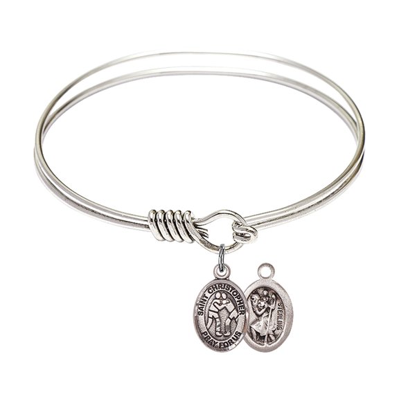 6 1/4 inch Round Eye Hook Bangle Bracelet w/ St. Christopher/Wrestling in Sterling Silver