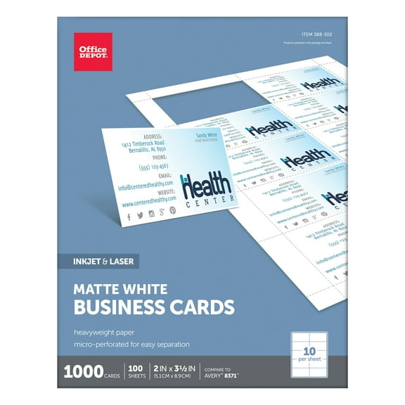 Office Depot Matte Business Cards, 2in. x 3 1/2in., White, Pack Of 1,000, 23003