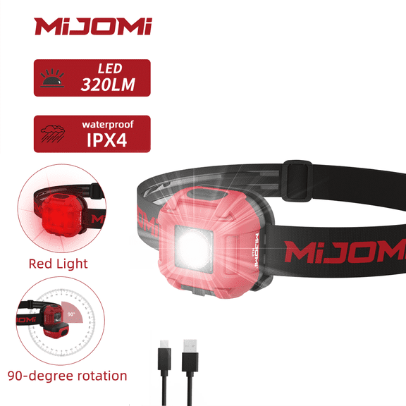 MIJOMI Headlamp H10 , Lightweight Portable Rechargeable headlight,4 Modes with Red light ,IPX4 Waterproof For outdoor & Home