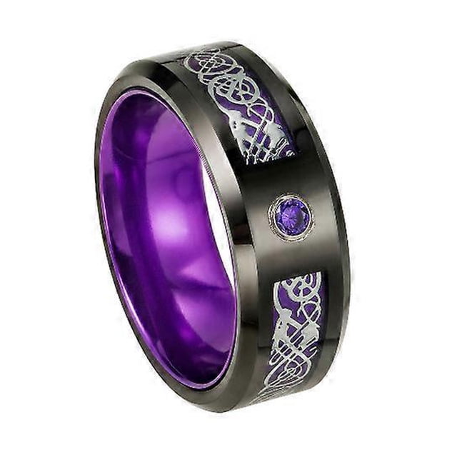 Anillo de boda de acero inoxidable con borde biselado y ranura roja de 8 mm para hombre, con incrustaciones de circonita y dragón celta, de fibra de carbono roja, talla 12, morado