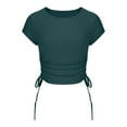 thumbnail image 4 of Crop Tops for Women Trendy Round Neck Drawstring Short Sleeve Shirts Casual Slim Fit Girls Summer Tunic Blouses Green, 4 of 6