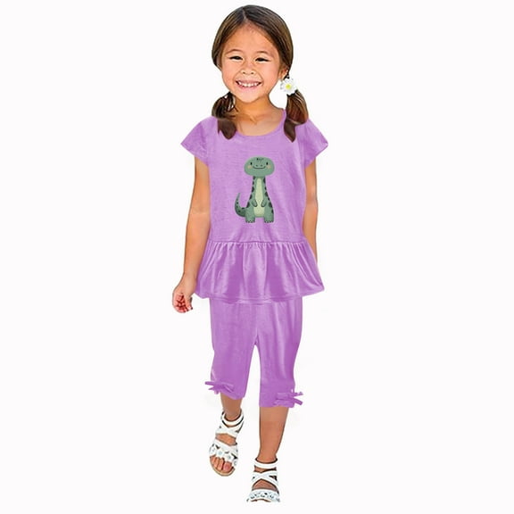 Zwiiyzr 1-10 Years Little & Big Girl Summer Outfits Dinosaurs Ruffle Short Sleeved Flutter Sleeve Elastic Waist Cropped Pants Daisy 2Pcs Clothing Set Purple