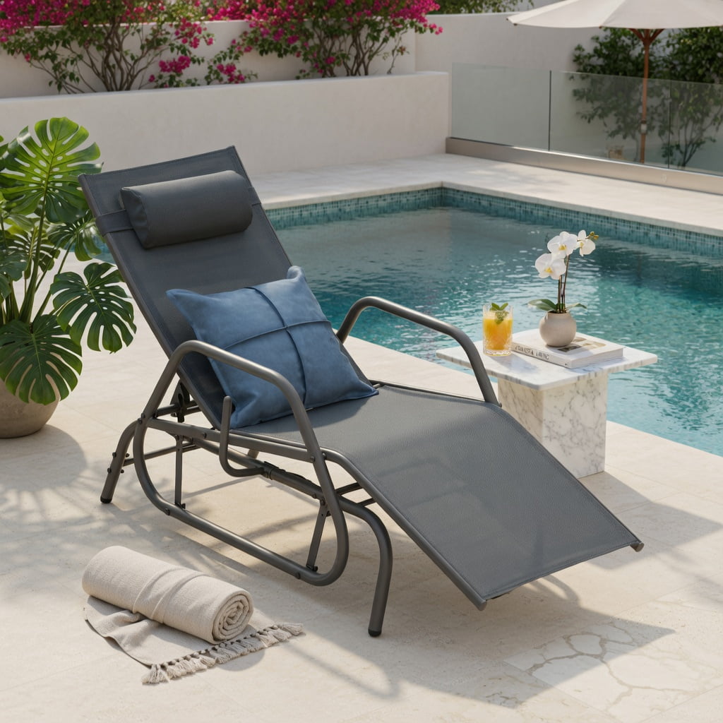 Hommoo Outdoor Chaise Lounge Glider Chair with Adjustable Backrest, Removable Pillow & Quiet Gliding Arms, Fabric & Metal Design, Gray