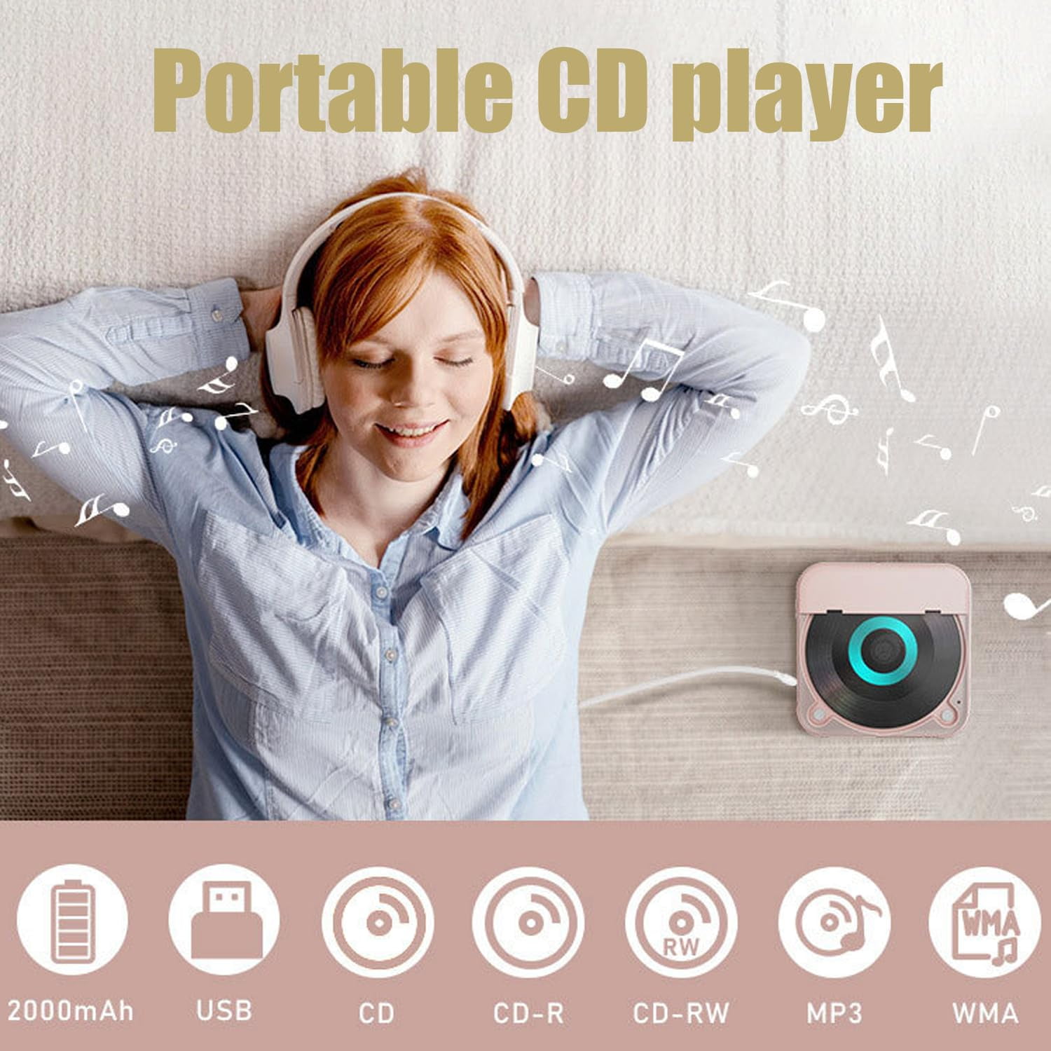 Yuguz Portable CD Player, New Bluetooth-Compatible CD-Player with Headphones, Supports CD/USB/BT and Repeat Modes, Mini Rechargeable Discman for Home, Office, Travel (Black)