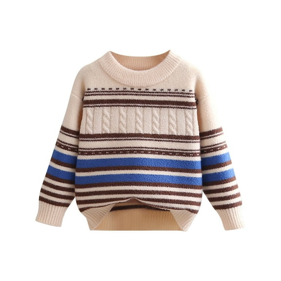 Rohuuque Baby Boys Knit Sweater Round Collar Solid Color Striped Sweatshirt Cotton Pullover Sweater 3 Years Blue