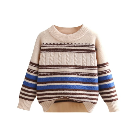 LOVZFMLL Chandails pour Garçons, Chandail à Col Rond en Tricot Torsadé à Rayures, Essentiel de Mode Décontractée Confortable Vêtements d'Automne Hauts d'Hiver Chauds Vêtements pour Garçons de 5-6 Ans