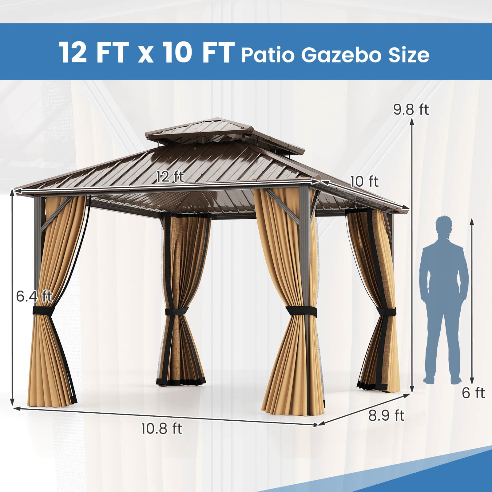 Costway 12 x 10 FT Hardtop Gazebo with Netting Heavy-Duty Double-Roof Galvanized Metal Top