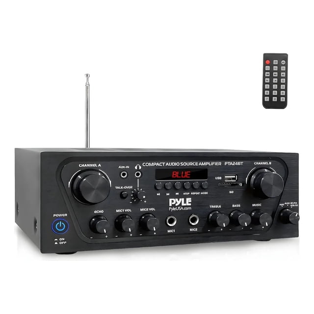 Amplificador de Audio para Karaoke en Casa de 2 Canales Pyle, Bluetooth, Entrada AUX, USB, 2 Entradas de Micrófono con Efecto de Eco, Compacto y Negro, Ideal para Fiestas y Reuniones