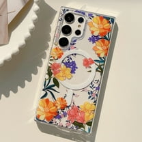 Dteck for Samsung Galaxy S24 Case with Clear Floral Designs for Women Girls,Compatible with MagSafe, Stylish Slim Thin Shockproof TPU Bumper Flower Phone Cover for Galaxy S24,Orange Flower