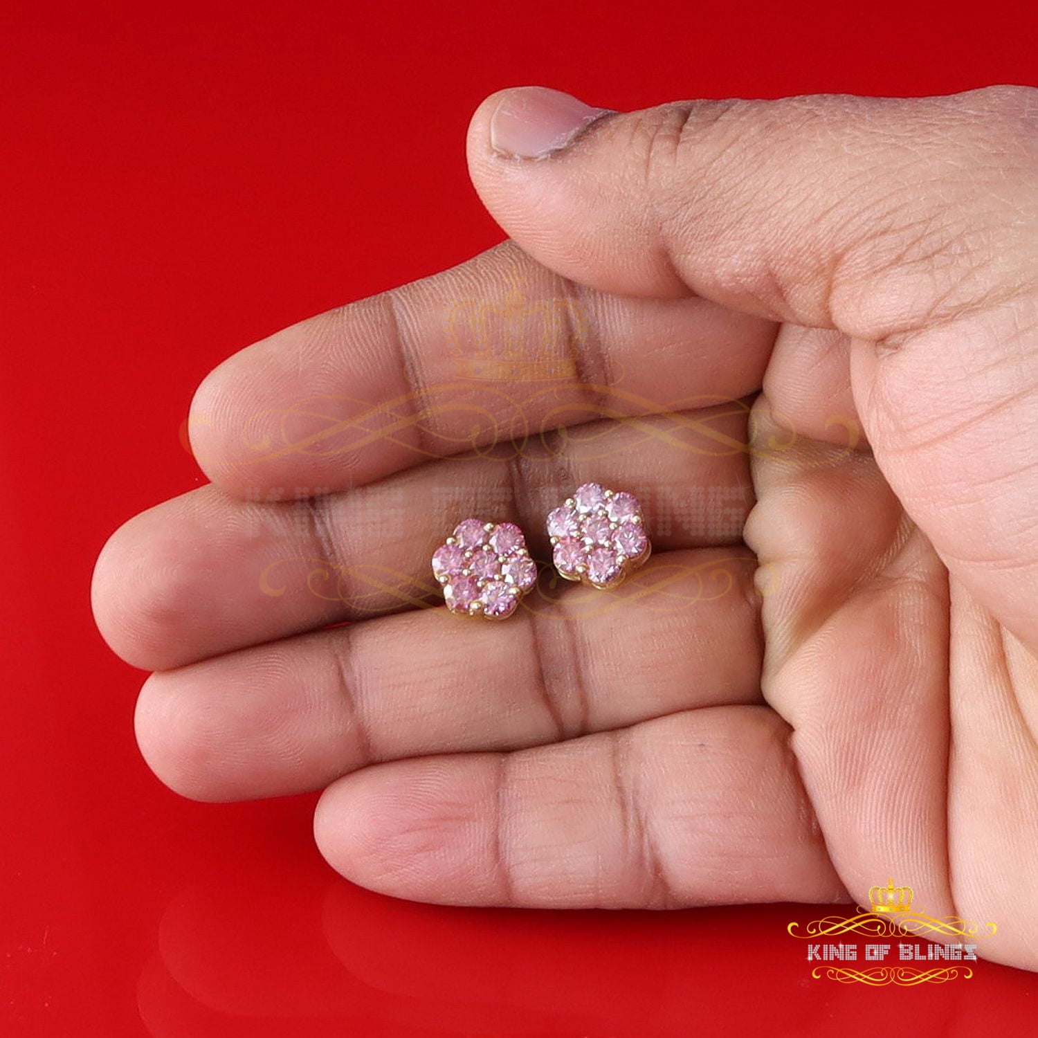 King of Bling's 925 Silver Yellow 2.25ct VVS D Pink Moissanite Floral Mens/Women's Stud Earrings