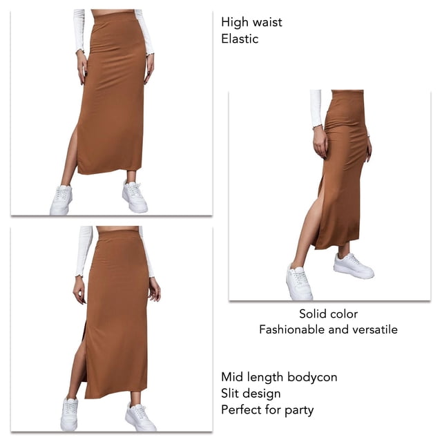 Slit Long Skirt, Bodycon Long Skirt Solid Color Elastic Easy Matching For Vacation Green,Red,Brownness,Brown,Black
