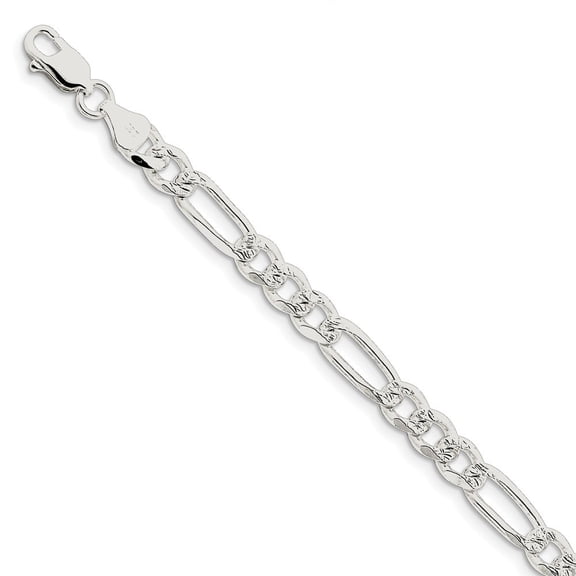 Sterling Silver 7mm Pave Flat Figaro Chain Bracelet - 11.3 Grams - 7 Inch - Lobster Claw