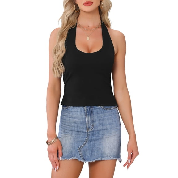 INSPIRE CHIC Women's Summer Halter Neck Backless Sleeveless Cropped Tank Top XS Black