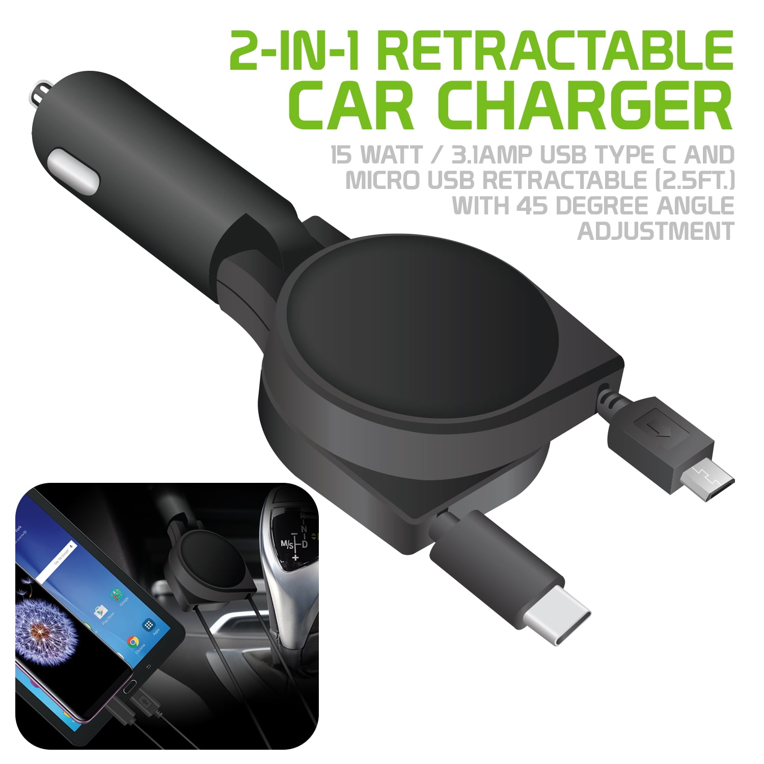 2in1 Retractable Car Charger, 15 Watt / 3.1Amp USB Type C and Micro