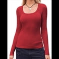thumbnail image 3 of Camisas de Larga con Cuello Redondo para Mujer, Blusas Informales de Punto Acanalado de Corte Ajustado, Camisetas Básicas de Trabajo para Verano y Otoño. Rojo L, 3 of 9