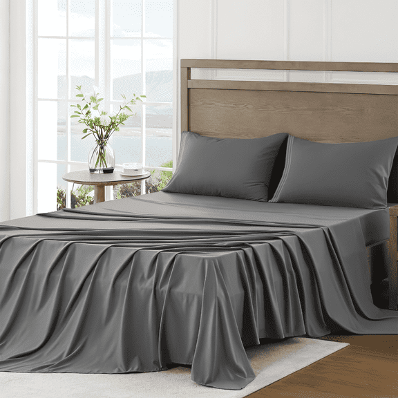 4 Piece Bed Sheet Set, Queen Size Upgraded Cooling Deep Pocket Comfy Breathable Hotel Luxury Bedding, Extra Soft Wrinkle Free Sheets Cover, Sheets up to 16 inch, Dark Grey