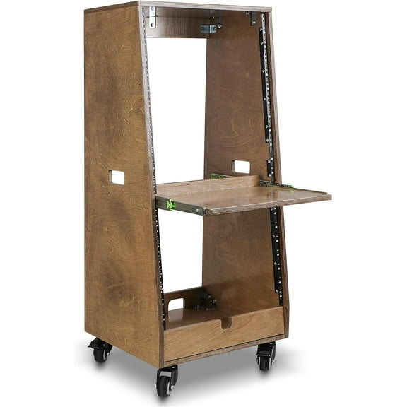 Sound Town DIY Slanted 20U Studio Rack (12U Top   8U Lower), with 2U Bottom Storage, Slide-Out Tray, Caster, Plywood, Weathered Brown For Recording Room, Home Studio (SDRK-ST20TB)