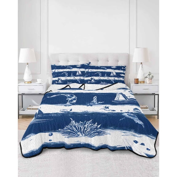 Quilts Full Size, Navy Blue Coastal Soft Comforter Bedding Set for Bed, White Summer Beach Nautical Ocean Lightweight Quilted Bedspread with Pillow Cover(2 Pieces) for All Season, 78x90 Inch