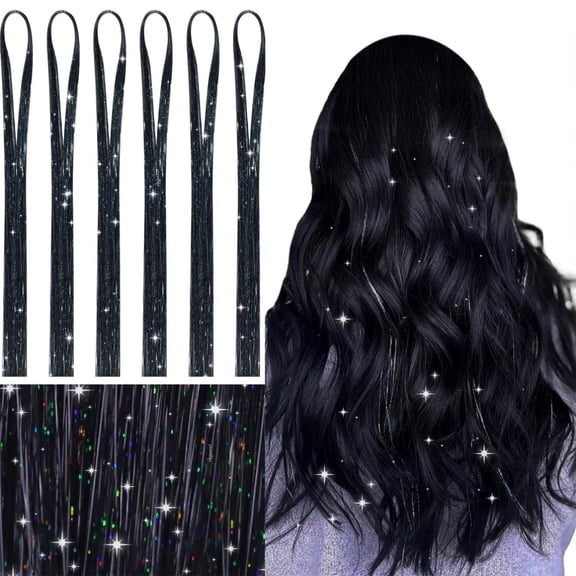 Hair Extension Coloured Hair Glitter Extensions Kit, Fairy Hair Extension Accessories for Women and Girls, 7 Bright Color Laser Hair, Black Glittery Hair for Christmas Party, Cospl Makeup Organizers