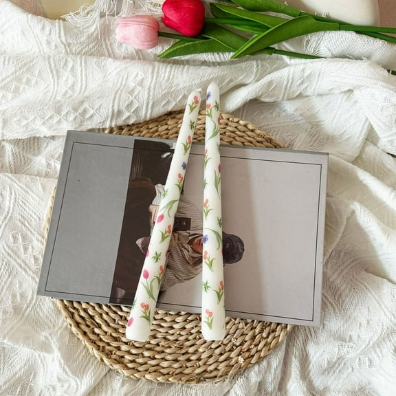 Nkmbld Taper Candles for Table Centerpieces, Flower Printed Long Pole Candle Romantic Wedding Candlelight Dinner Decoration, White