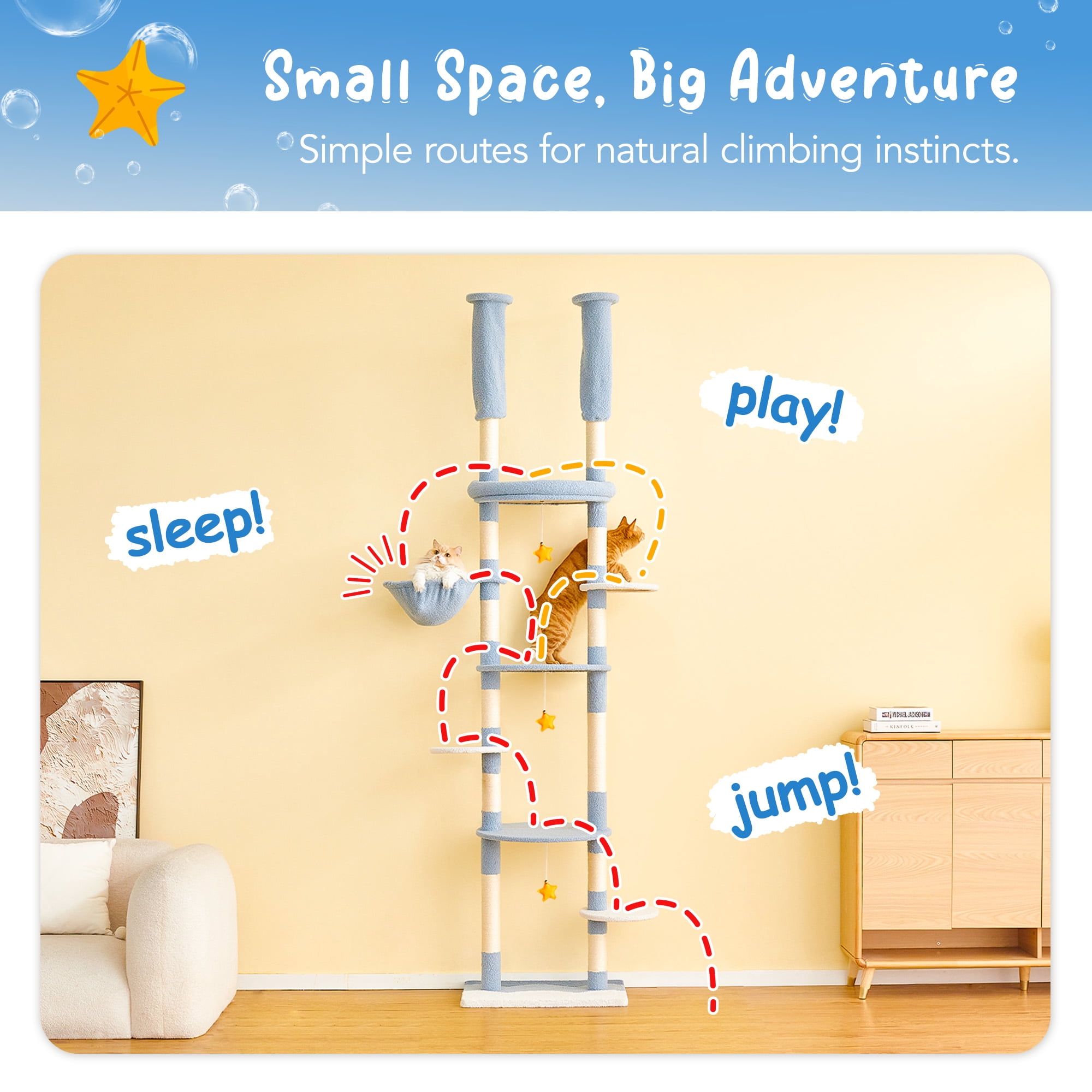 Furcato 92.1"-101.6" Adjustable Height Cat Tree, Floor to Ceiling Cat Tower, 7 Tiers Cat Climbing Tree with Hammock, Blue