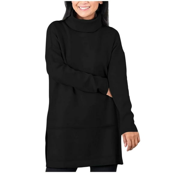 STETMN Women's Sweatshirt Long Sleeve Side Split Turtleneck Tops Soft Drop-Shoulder Sweater