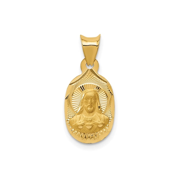 14k Yellow Gold Sacred Heart Jesus Pendant for Men or Women, Oval Medal with Radiating Lines, Catholic Christian Religious Jewelry Symbolizing Faith and Devotion