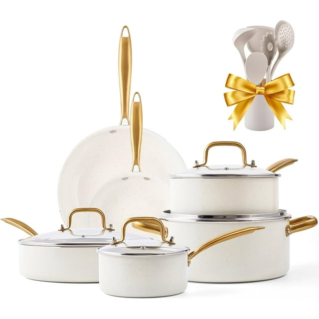 Ceramic Pots and Pans Set Nonstick - Kitchen Cookware Sets Non Toxic Cookware Set with Dutch Oven, Frying Pan Set, Saucepan, Sauté Pan, Cooking Utensils Set, White Gold Pans for Cooking Pot Set Gifts