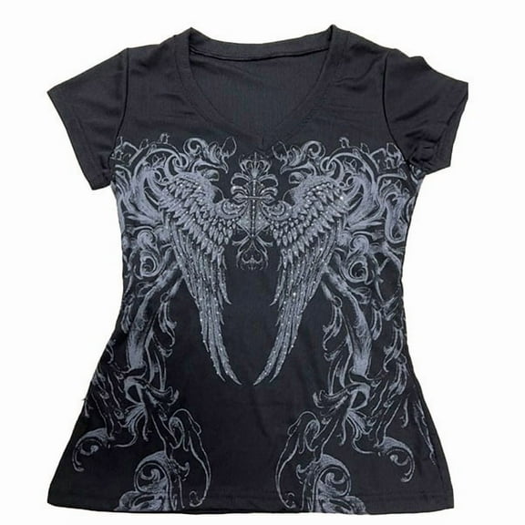 Yuanlong Womens T-Shirts Short Sleeve V Neck Wing Pattern Tee Shirts Summer Fashionable Cool Streetwear Slim Lady Tshirts