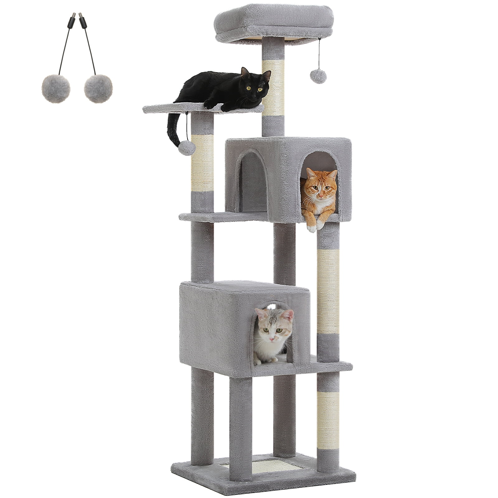 Kadyn 62" Modern Cat Tree Tower for Indoor Cats with Scratching Posts, Cozy Cat Condo and Top Perch, Dangling Ball for Small Medium, Gray