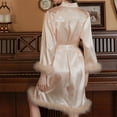 thumbnail image 4 of Kaemgyyd Women's Silk Robe Short Cute Fuzzy Trim Satin Long Sleeve Bride Comfy Sleepwear Soft Lightweight Belted Bathrobe, 4 of 4