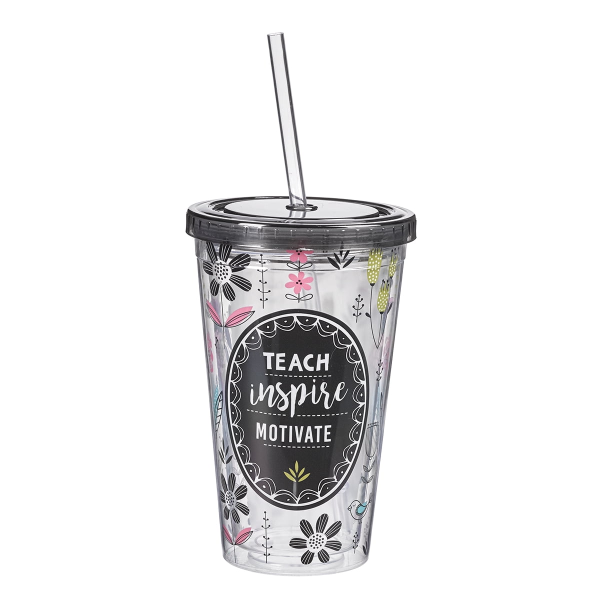 Flower Teacher Tumbler –– Double Wall Insulated Tumbler w/ Lid & Straw: “Teach, Inspire, Motivate” -Teacher Appreciation Gift for Women & Men, 16 oz