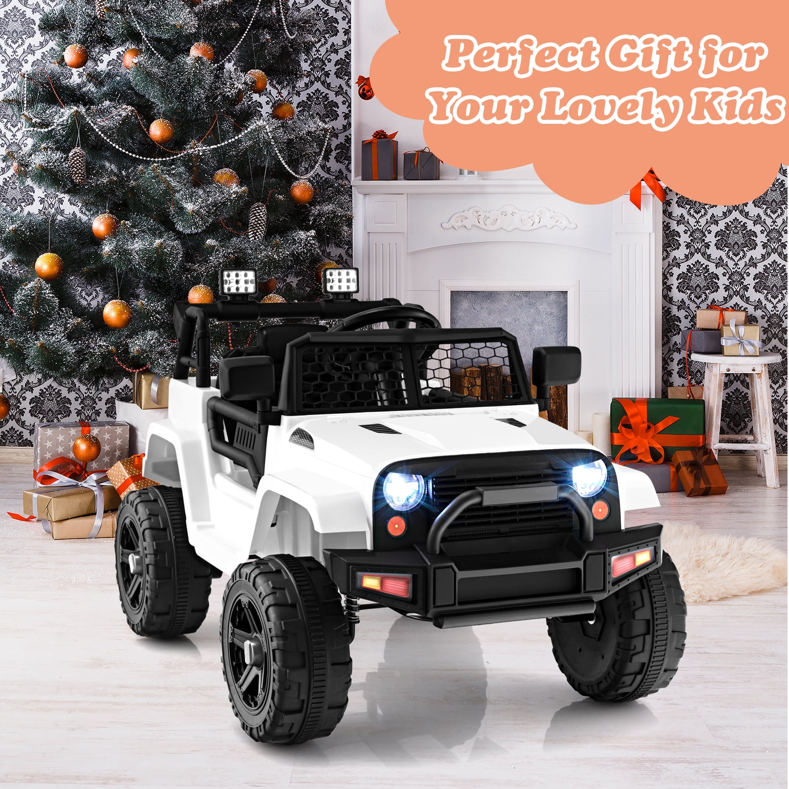 Topbuy 12V Kids Ride On Car Electric Vehicle Jeep with Parental Remote Music Horn Headlights Slow Start Function White