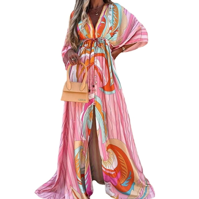 Bellella Robe Longue pour Femmes Manches 3/4 Robes Maxi Imprimé Floral Robe d'Été Hawaïenne Col en V par-Dessus Femmes Sorties de Plage Rose 2TG