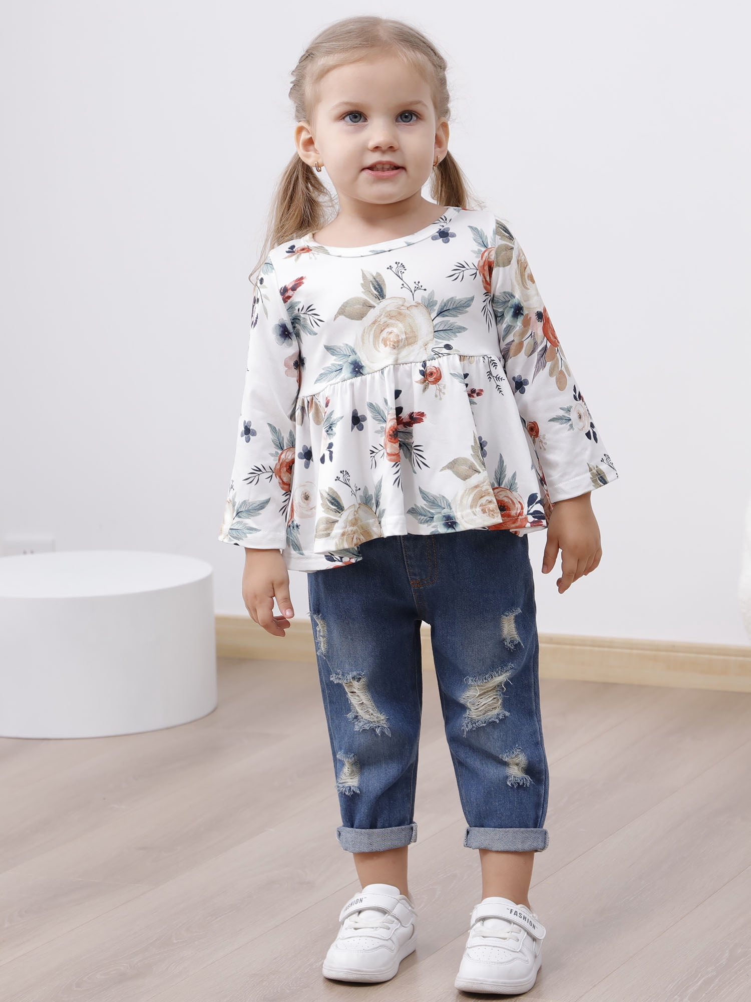 CARETOO Girl Clothes Outfits Toddler Baby Ruffle Sleeve Floral T-Shirt Tops Ripped Jeans Pants Set