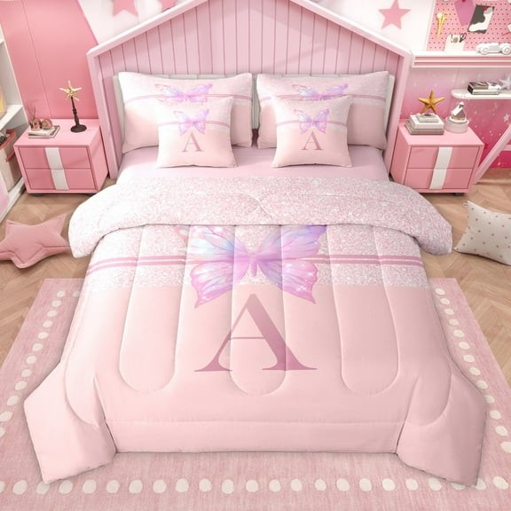 Manfei Gradient Flying Butterfly 7-Piece Twin Bedding Sets for Children Kids Teens,Letter Monogrammed Initial A Bedding Comforter Set,Bling Glitter Breathable Sheet Sets,Ultra Soft Home Decor