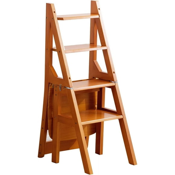 Solid Wood Folding Library Ladder Chair Step Ladders Step Chair Foldable 4-Step Stool Dual Purpose Stepladders 4-Step Climb Step Display Stand Flower Stand ( Color : Brown , Size : 46x35x90CM )