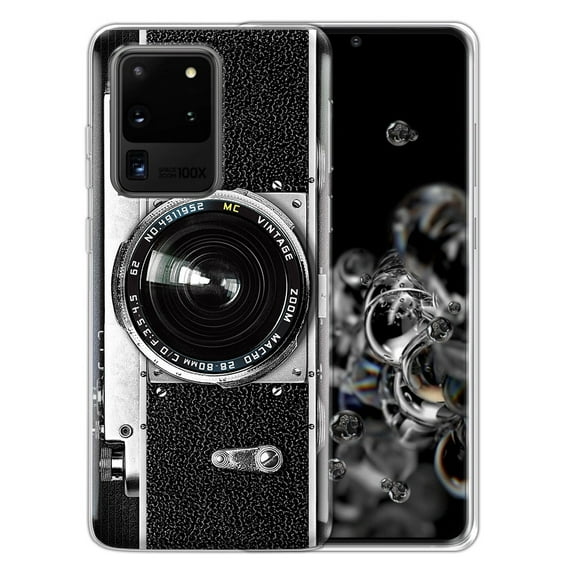 FINCIBO Soft TPU Clear Case Slim Protective Cover for Samsung Galaxy S20 Ultra 6.9" 2020, Retro Vintage Camera Zoom