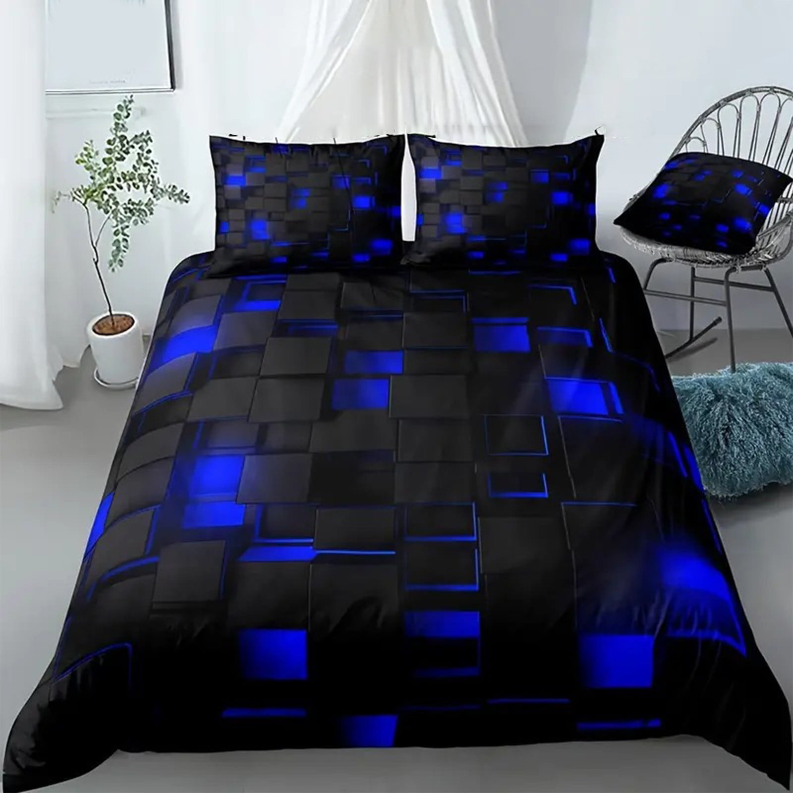 Taotanxi Blue and Black 3-Piece Full Size Light Geometric Comforter Set for Kids Boys Girls Geometry Decor Comforter Modern Style Duvet Set,x1 Quilt Cover, x2 Pillowcases