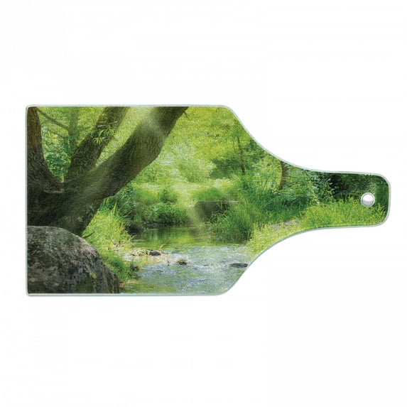 Forest Cutting Board, Stream Cascade in Tropical Forest Among Trees Jungle Woodland Serene Landscape, Tempered Glass Cutting and Serving Board, Wine Bottle Shape, Brown Lime Green, by Ambesonne