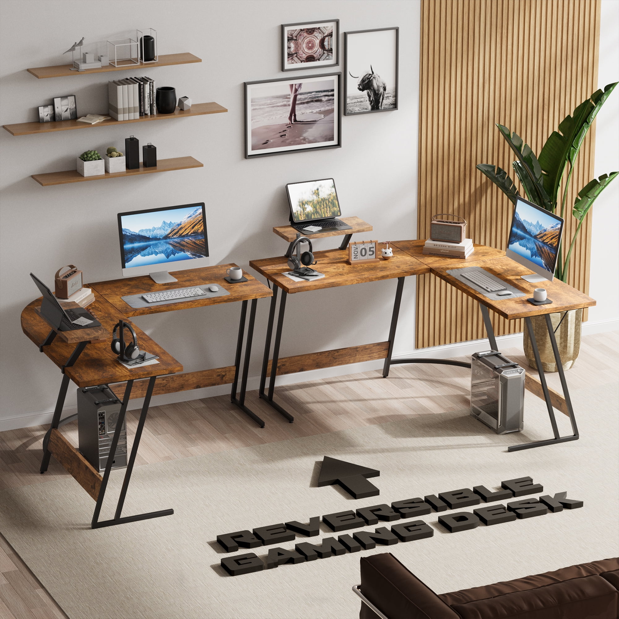 Homall L-Shaped Gaming Desk 51.2 Inches Corner Office Gaming Desk with Removable Monitor Riser, Classical Brown