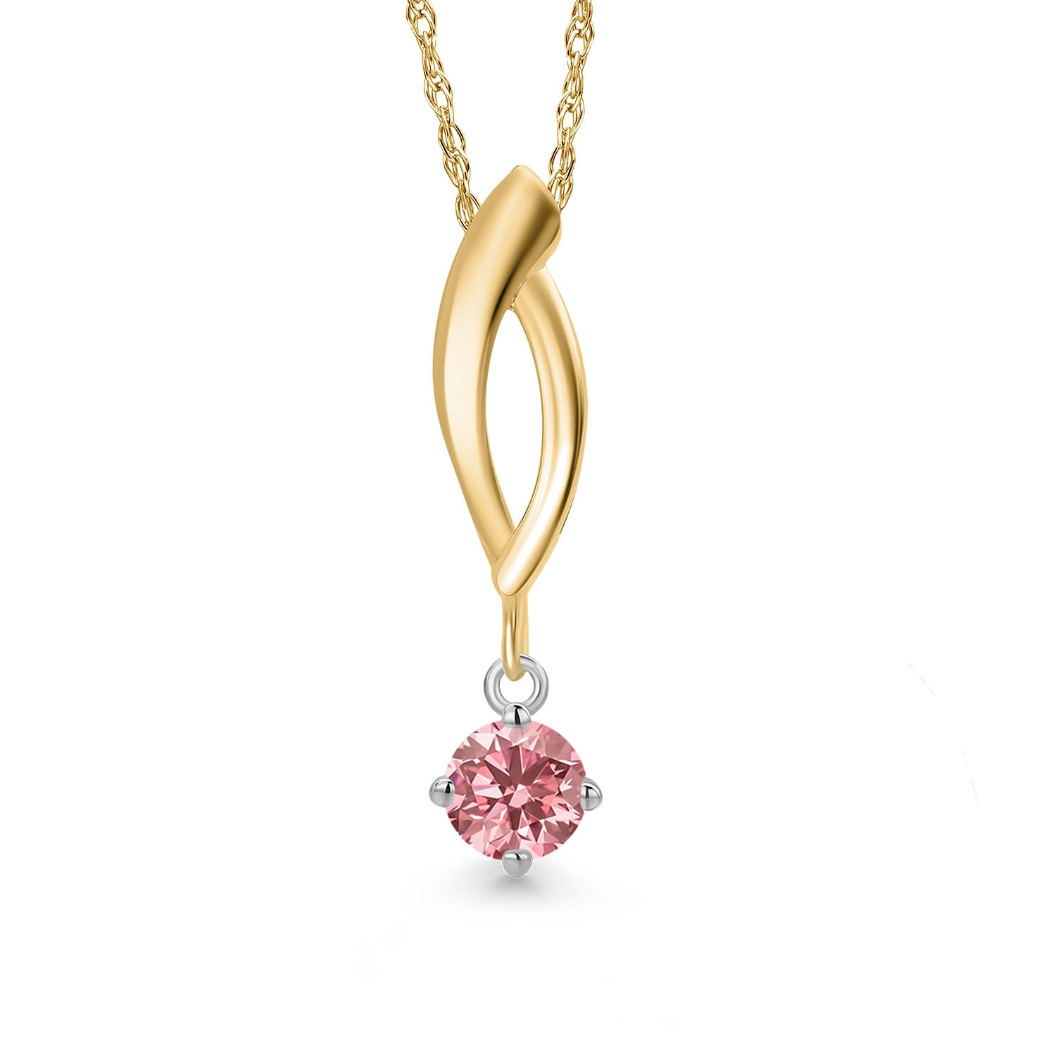Gem Stone King 925 Silver and 10K Yellow Gold Pink Lab Grown Diamond Pendant Necklace for Women | 0.25 Cttw | Gemstone April Birthstone | Round 4MM | With 18 inch 10K Yellow Gold Chain