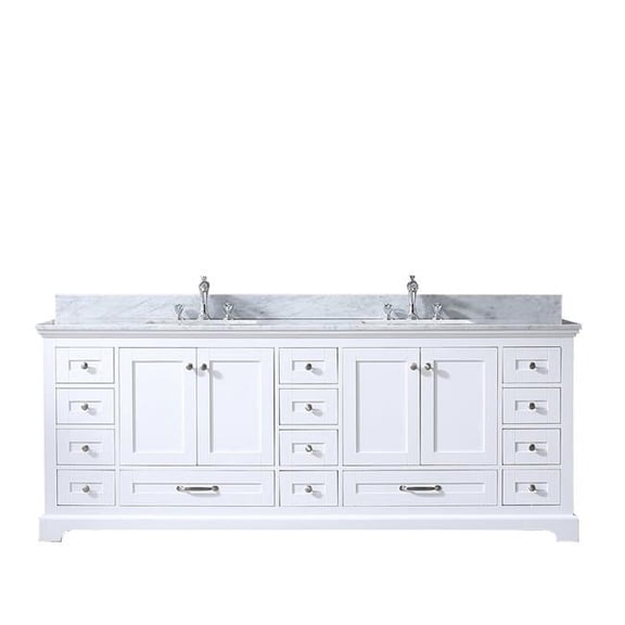 84 in. Dukes Double Vanity with White Carrera Marble Top, White Square Sinks & No Mirror - White