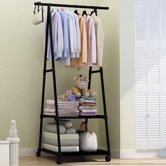 SUSUZI 63" Rolling Garment Rack with Wheels, 2 Storage Shelves, 66LBS Capacity Metal Coat Rack for Bedroom Cloakroom Laundry Room (Black)
