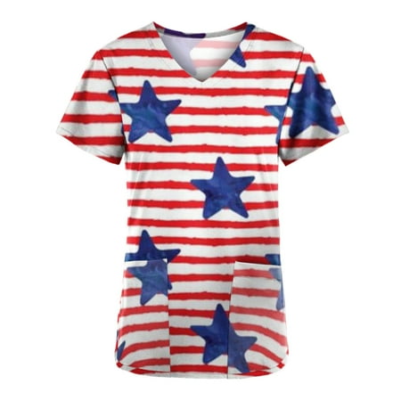 

APEXFWDT Shirt Women s V-Neck American Flag Holiday Star Stripe Printed Patriotic Scrub Tops Short Sleeve Working Uniform 4th of July T Shirt