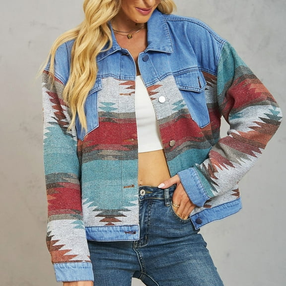 Goodtrade8 Denim Winter Jackets for Women Color Block Jean Jacket Long Sleeve Button Casual Pocket Tops for Women 2025