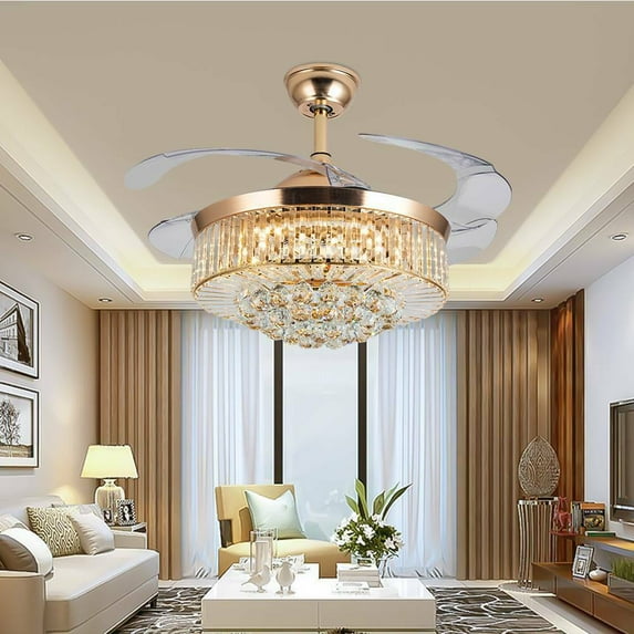 42" Crystal Invisible Chandelier Ceiling Fan Light - Modern Luxury Style Fandelier Home LED Hanging Lamp, 4 Retractable Blades W/Remote Control