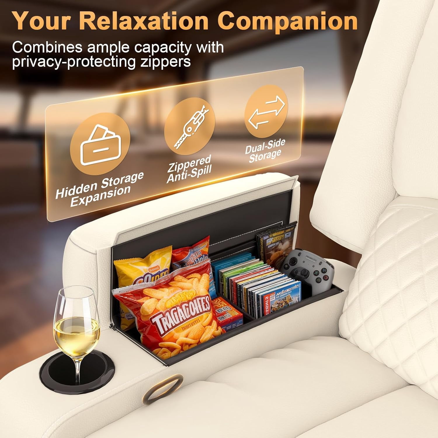 Oversized Manual Recliner Chair, 3-Angle Recliner with Hidden Arm Storage, Cup Holder & Side Pocket, Home Theater & RV Single Sofa, White