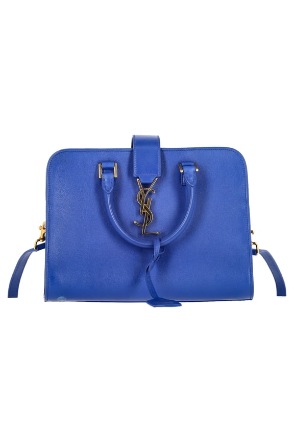 Pre-Owned Saint Laurent Baby Monogram Cabas Tote in Blue Leather